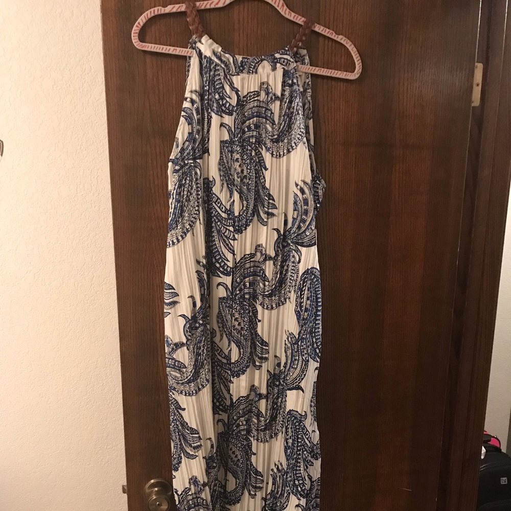 Chico’s blue and white pleated paisley halter maxi